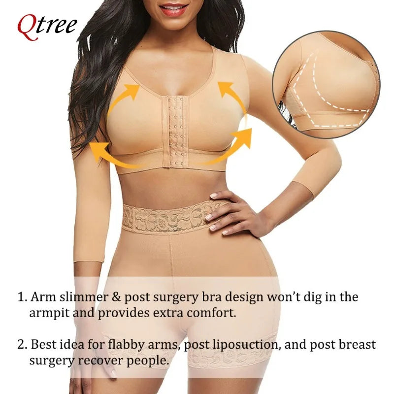 Beige women's arm shaper long sleeves with front hook closure designed for arm slimming and post-surgery comfort