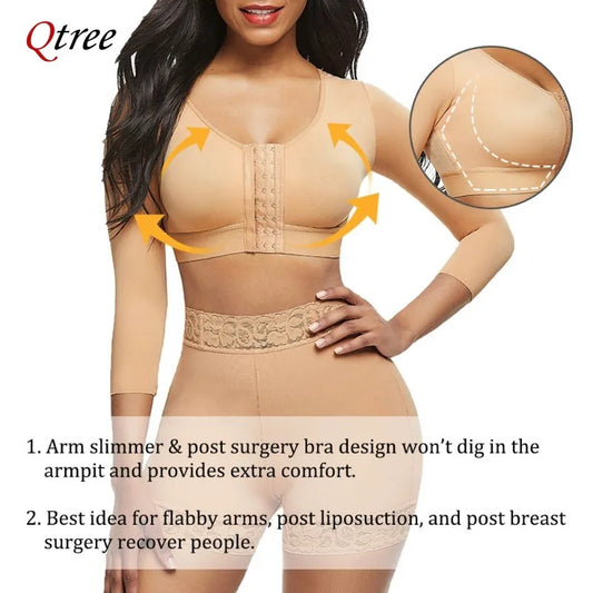 Beige women's arm shaper long sleeves with front hook closure designed for arm slimming and post-surgery comfort