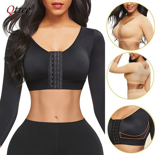DFShop women's arm shaper long sleeves in black with front hooks and beige color options