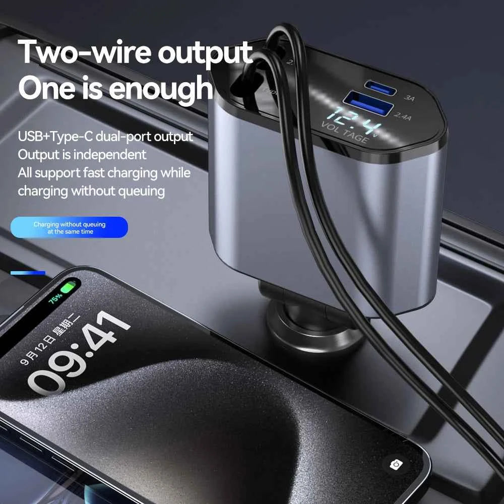 DFShop Retractable Car Charger USB Type C for Fast Charging - DFShop