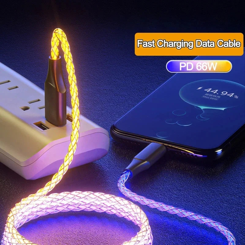 RGB USB C fast charging cable glowing yellow and purple connected to smartphone and power strip