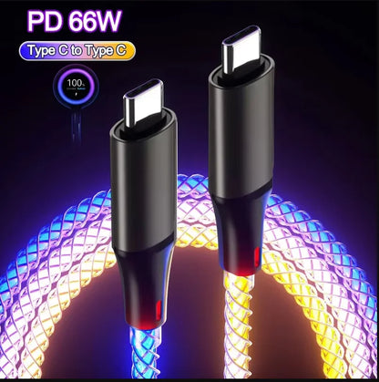 RGB USB C fast charging cable with PD 66W Type C to Type C connectors glowing in blue and yellow light
