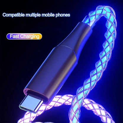 RGB USB C fast charging cable with glowing blue light compatible with multiple mobile phones