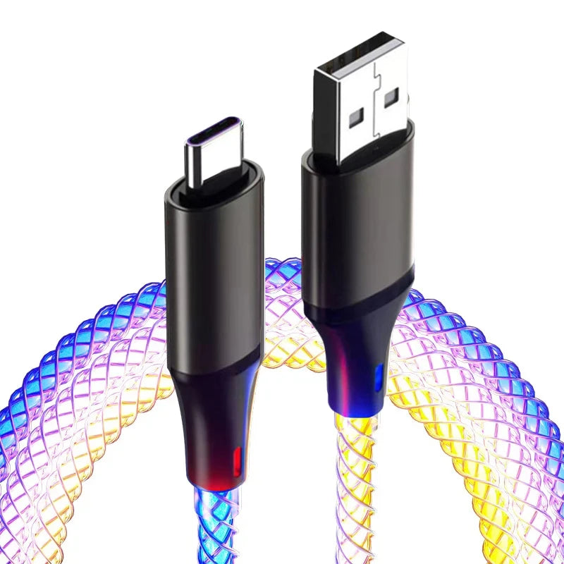 RGB USB C fast charging cable with glowing multicolor braided design and black connector heads