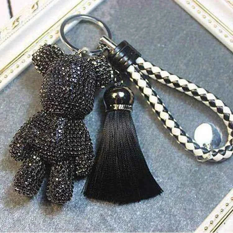 Black rhinestone bear keychain with braided strap and black tassel accessory