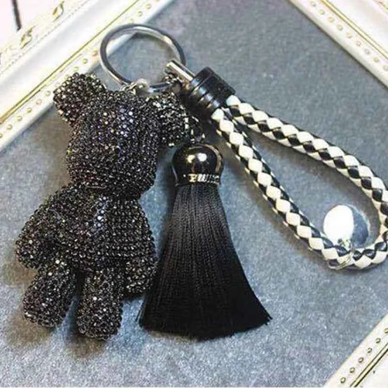 Black rhinestone bear keychain with braided strap and black tassel charm by DFShop
