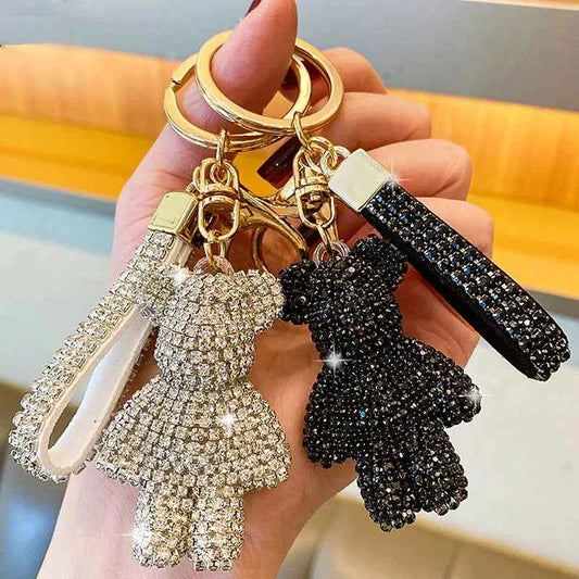 DFShop rhinestone bear keychain in sparkling black and white with matching rhinestone strap accessories