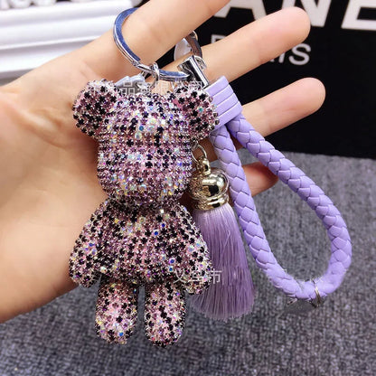 DFShop rhinestone bear keychain with purple crystals, braided strap, and tassel accessory