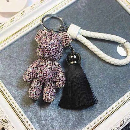 DFShop rhinestone bear keychain with sparkling stones attached to a white braided strap and black tassel