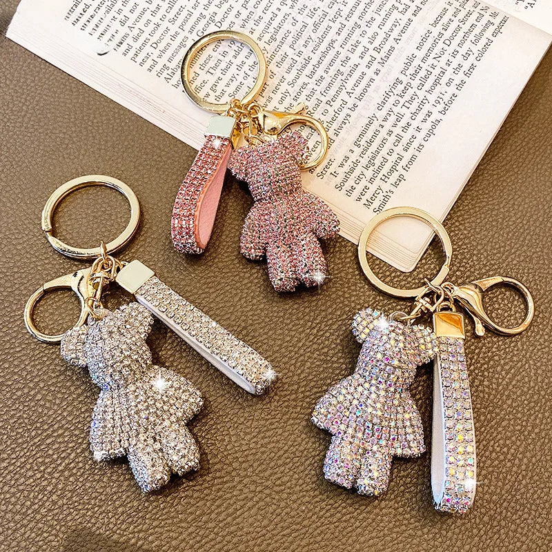 DFShop rhinestone bear keychain in gold with sparkling crystal bear and matching rhinestone strap