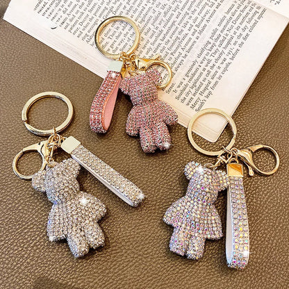 DFShop rhinestone bear keychain in gold with sparkling crystal bear and matching rhinestone strap