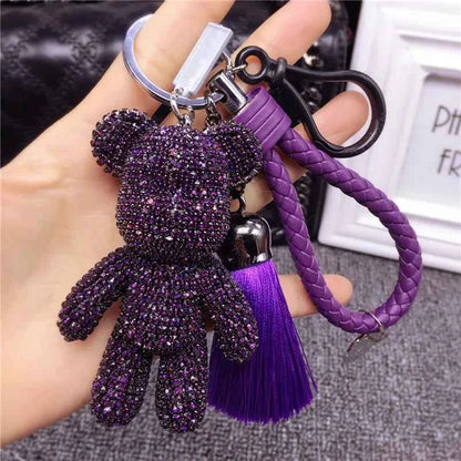 Purple rhinestone bear keychain with braided loop and tassel accessory by DFShop