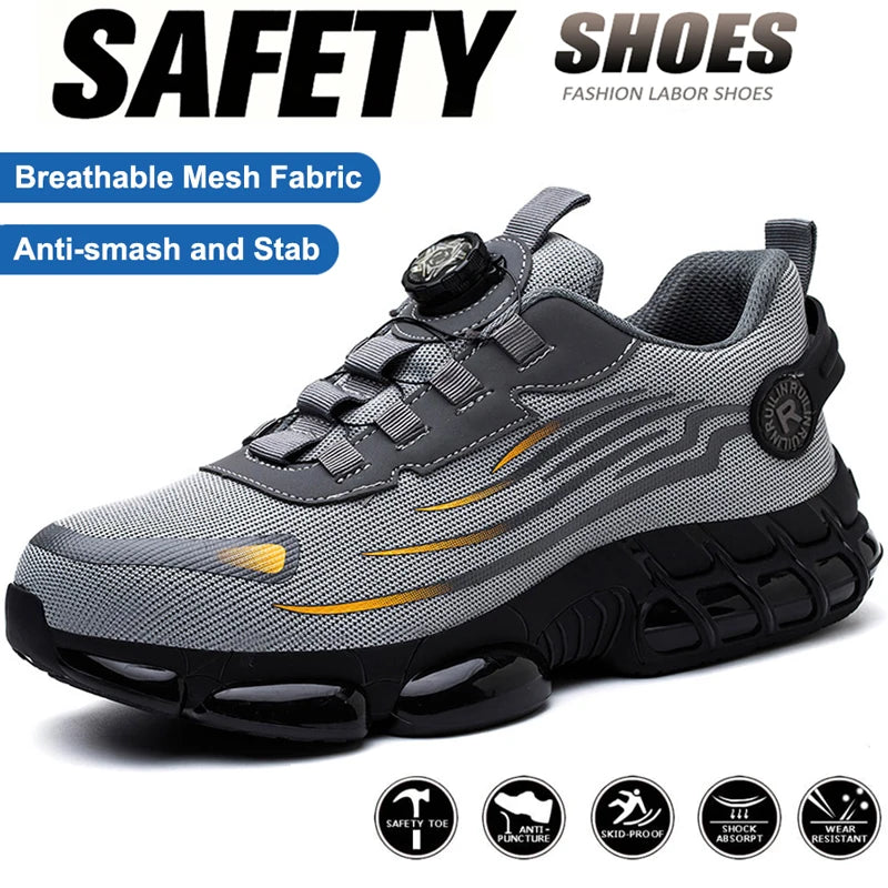Gray safety shoes with breathable mesh fabric anti puncture non slip work boots with shock absorption