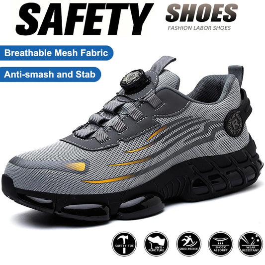 Gray safety shoes with breathable mesh fabric anti puncture non slip work boots with shock absorption