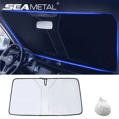 SEA Metal car windshield sun shade cover installed inside car and folded with carrying bag