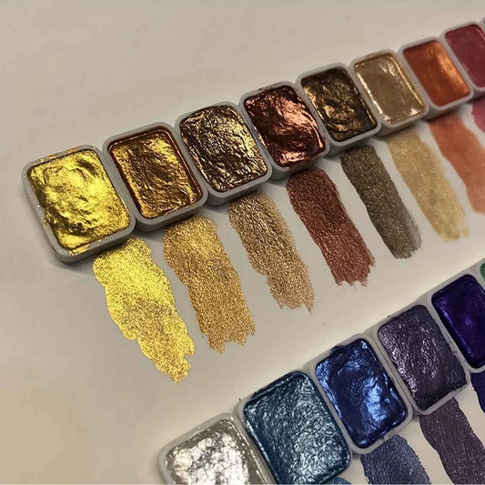 DFShop shifting watercolor painting set with vibrant metallic gold, bronze, and blue paint pans