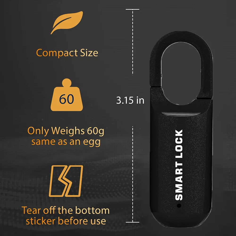 Compact black fingerprint padlock for lockers measuring 3.15 inches and weighing 60 grams