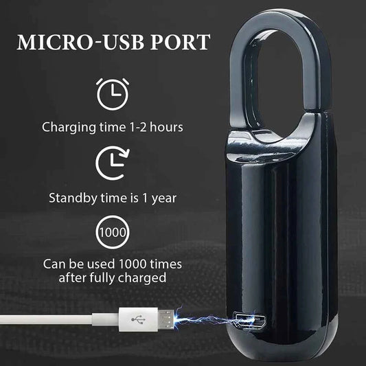 Black fingerprint padlock for lockers with micro-USB port for quick charging and long standby time
