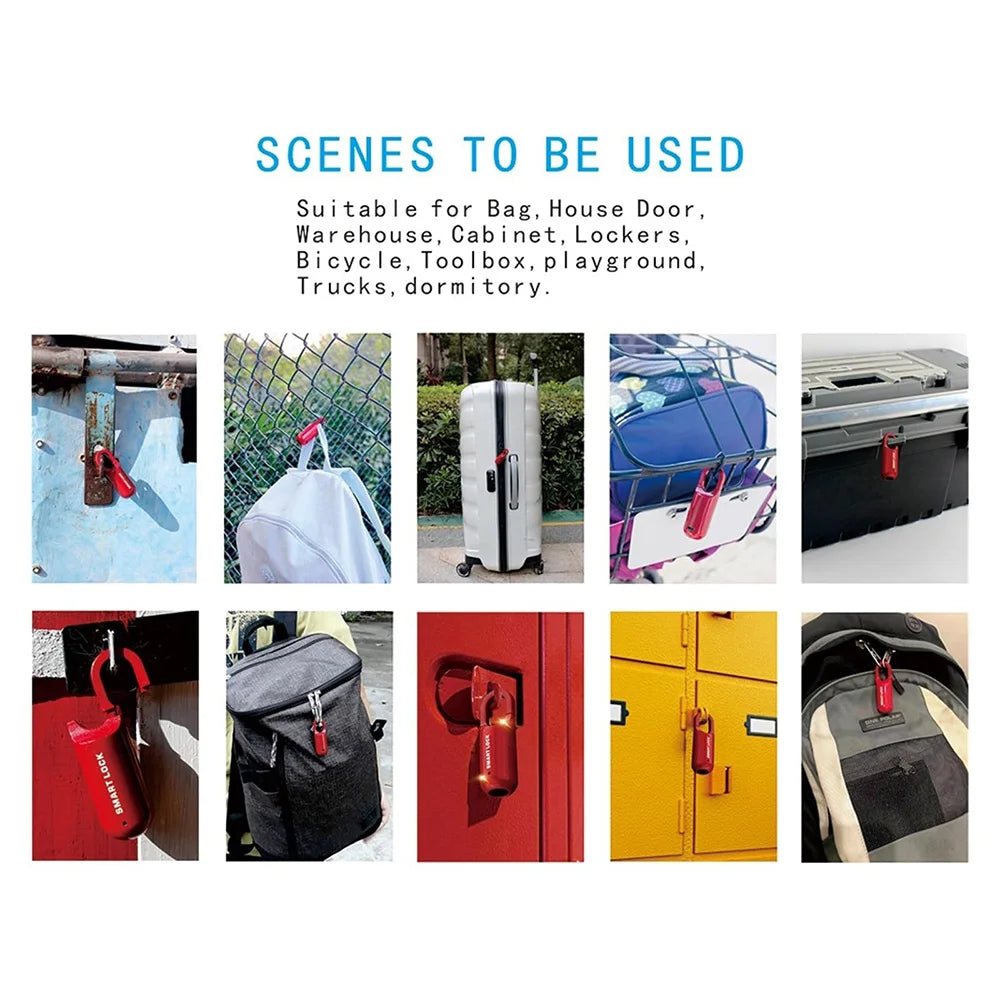 Fingerprint padlock for lockers in red securing bags, suitcases, cabinets, bicycles, and toolboxes shown in various use cases
