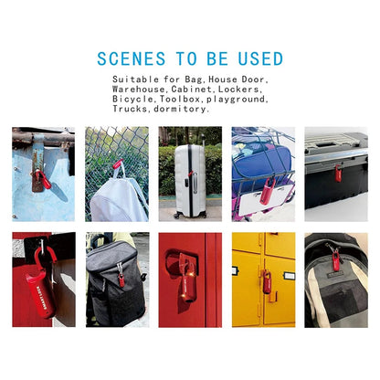 Fingerprint padlock for lockers in red securing bags, suitcases, cabinets, bicycles, and toolboxes shown in various use cases