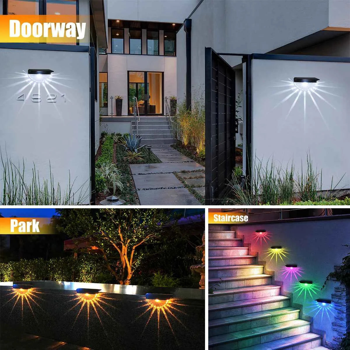 Solar deck lights outdoor waterproof illuminating doorway, park pathway, and colorful staircase steps at night
