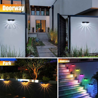 Solar deck lights outdoor waterproof illuminating doorway, park pathway, and colorful staircase steps at night