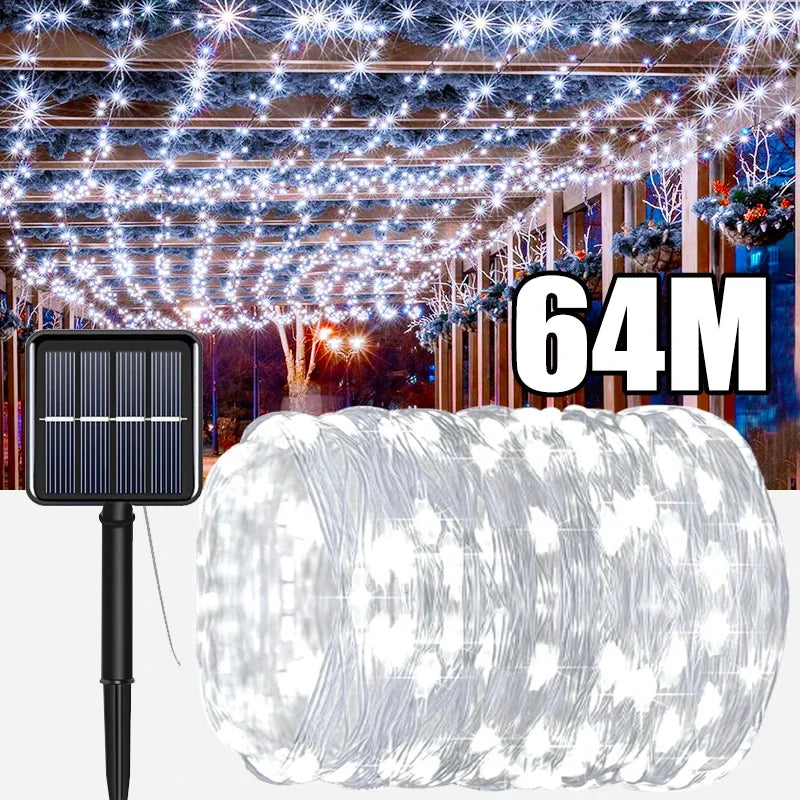 64 meter solar fairy string lights outdoor with bright white LEDs and solar panel for garden decoration