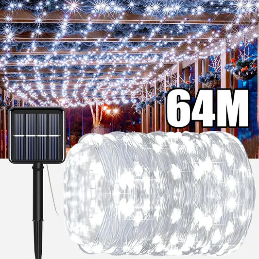 64 meter solar fairy string lights outdoor with bright white LEDs and solar panel for garden decoration