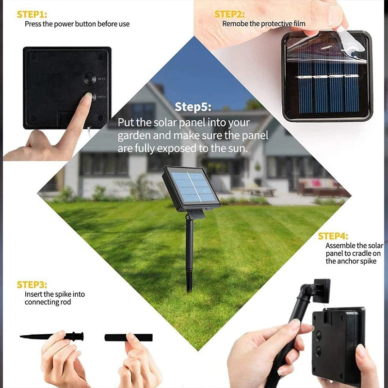 Solar panel installation steps for solar fairy string lights outdoor with spike and protective film removal
