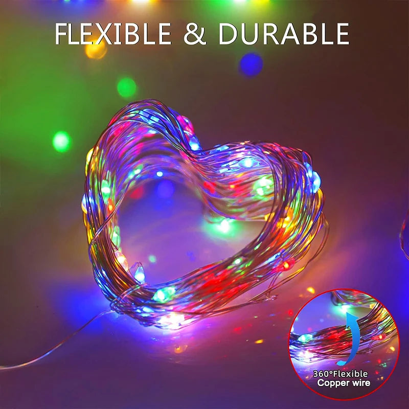 Colorful solar fairy string lights outdoor coiled in heart shape with flexible durable copper wire
