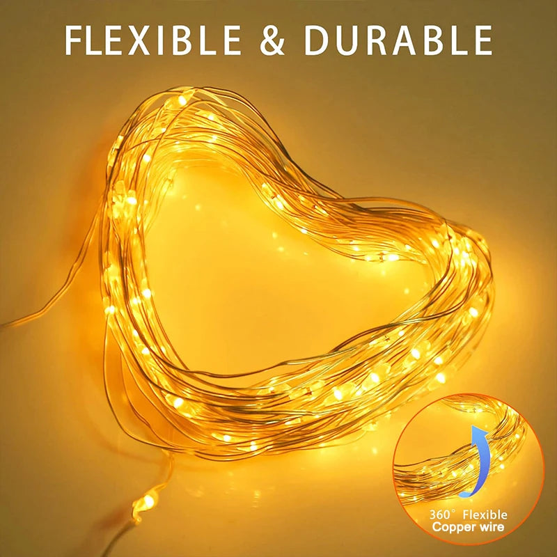 Flexible and durable solar fairy string lights outdoor with 360 degree flexible copper wire glowing warmly