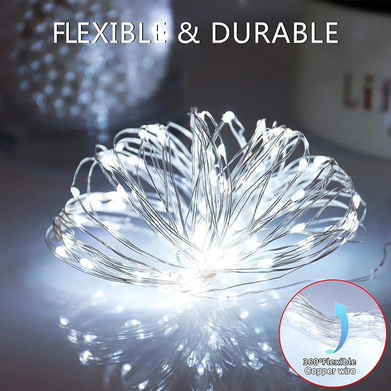 Flexible and durable solar fairy string lights outdoor with 360-degree bendable copper wire glowing white