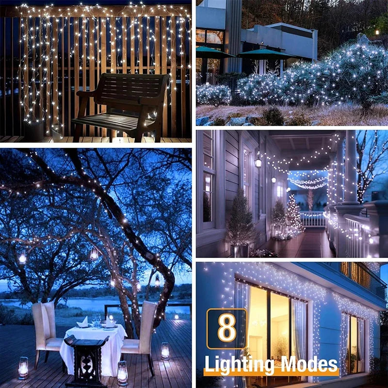 Solar fairy string lights outdoor decorating patio, porch, trees, bushes, and balcony with warm white LED glow