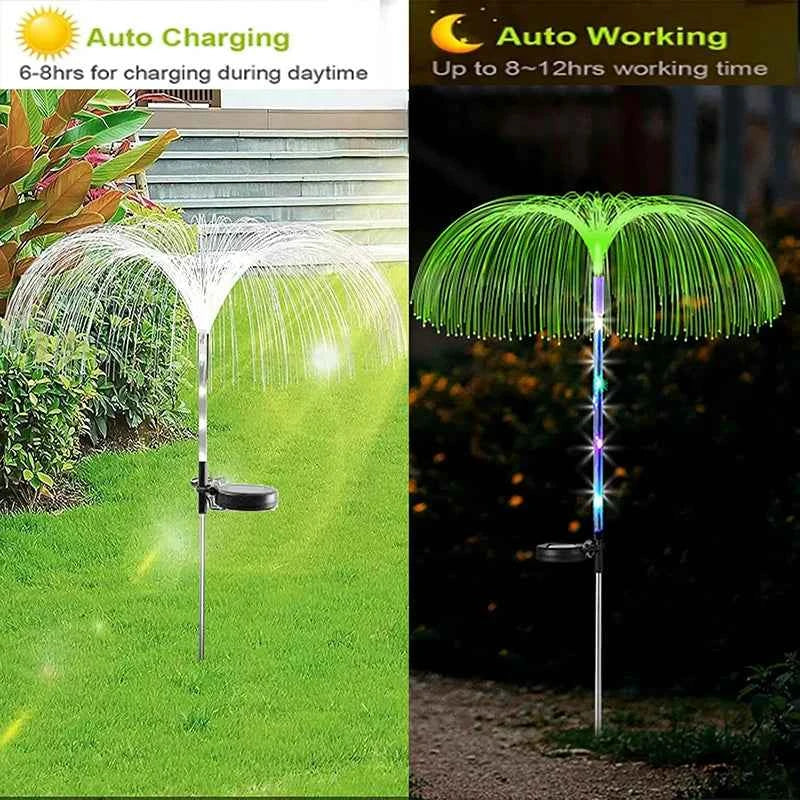 DFShop solar jellyfish garden lights showing auto charging in daytime and auto working with colorful lights at night