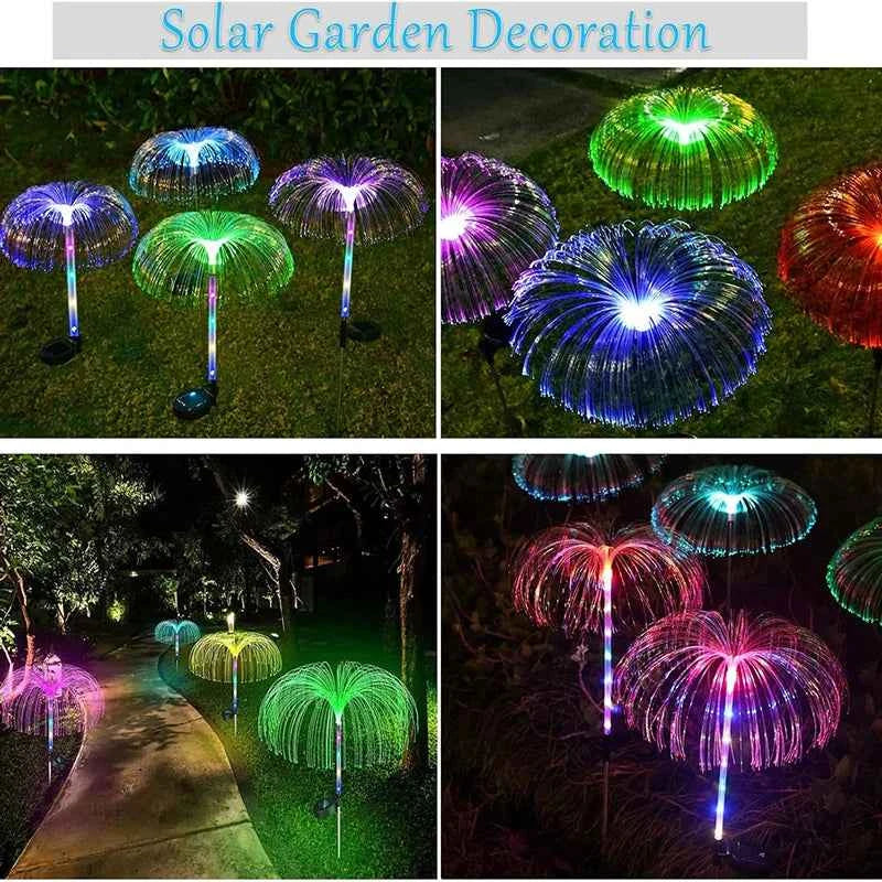 Colorful solar jellyfish garden lights illuminating outdoor paths and garden areas at night