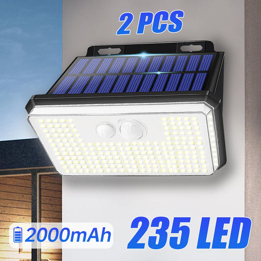 DFShop 2 PCS solar powered outdoor lights with 235 LED and 2000mAh battery mounted on wall