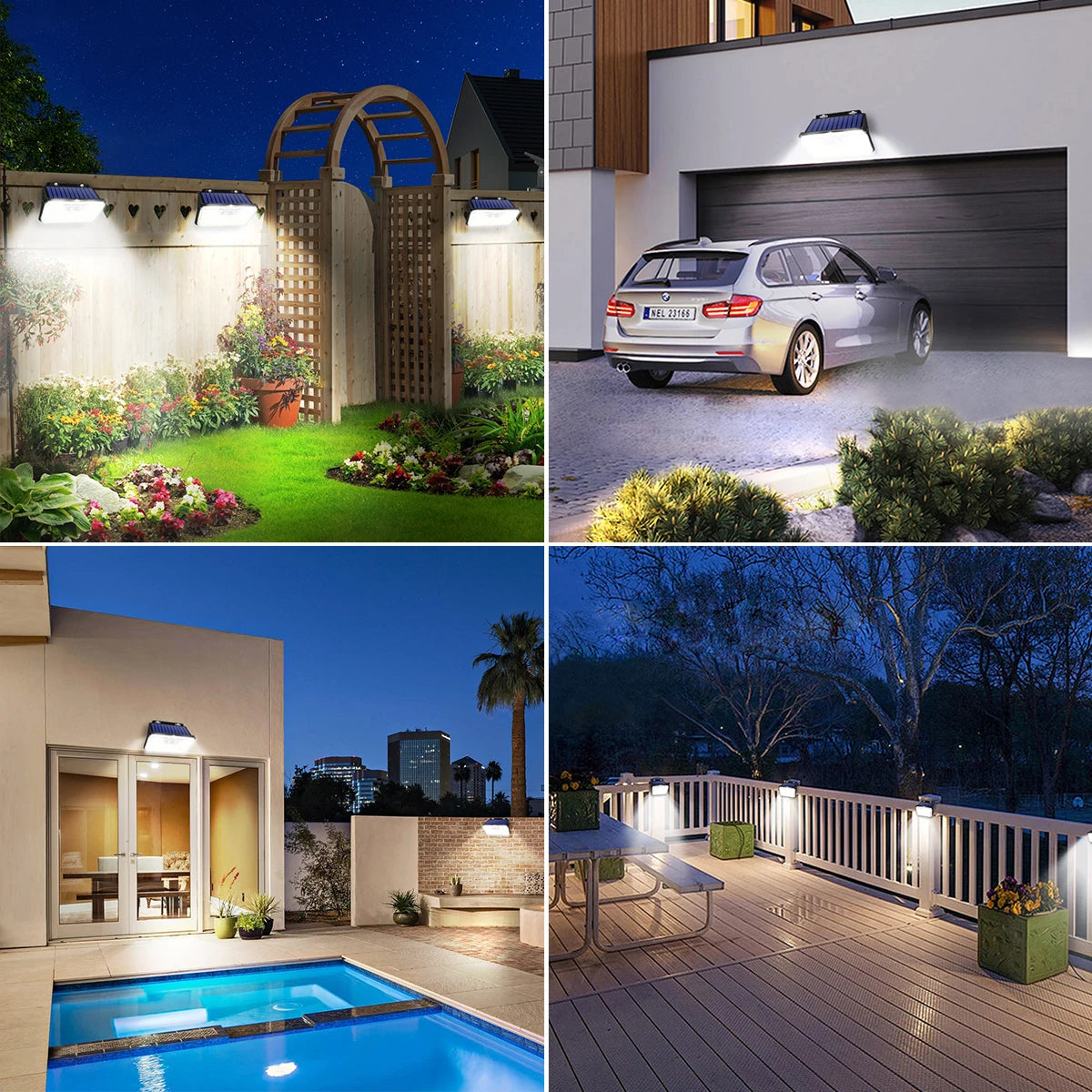 Solar powered outdoor lights illuminating garden fence driveway patio and deck areas at night