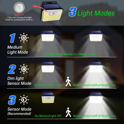 DFShop solar powered outdoor lights with three light modes including medium, dim sensor, and motion sensor modes