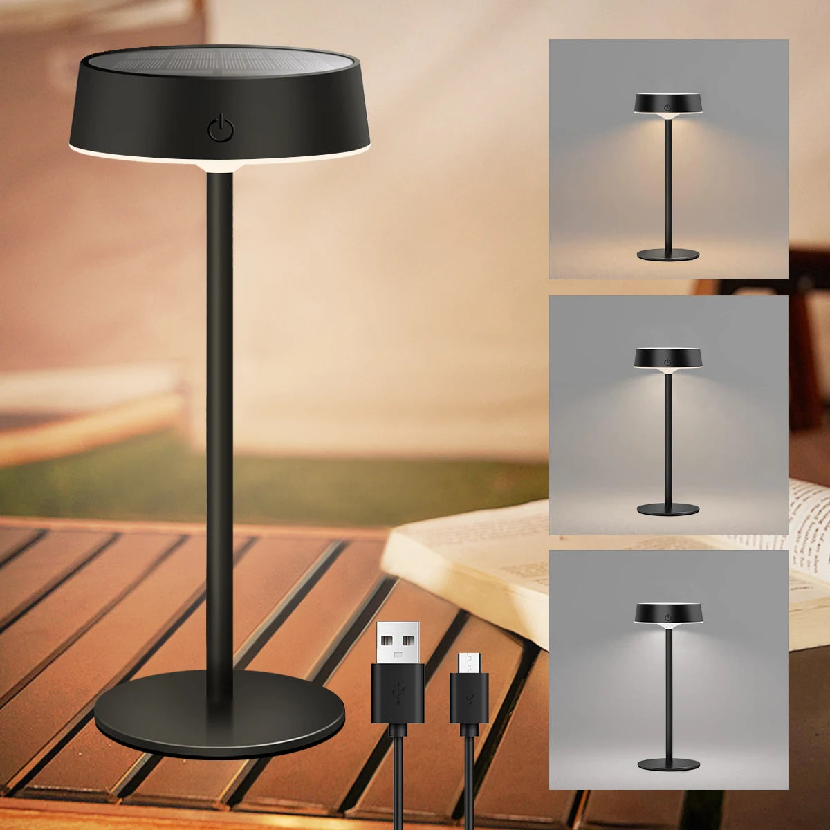 DFShop solar table lamp rechargeable with sleek black design and USB charging cable included