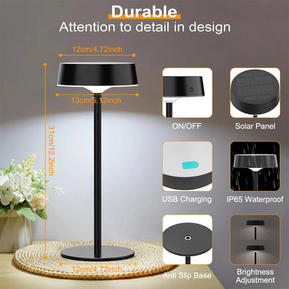 DFShop solar table lamp rechargeable with USB charging, solar panel, IP65 waterproof, and adjustable brightness