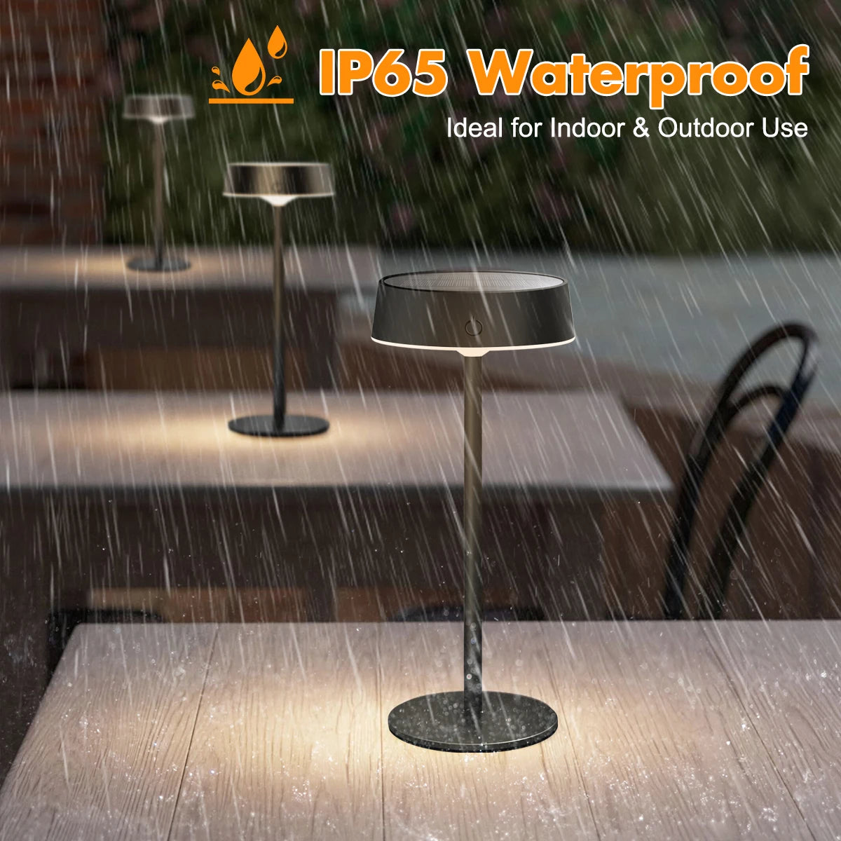 IP65 waterproof solar table lamp rechargeable glowing on outdoor wooden table in the rain