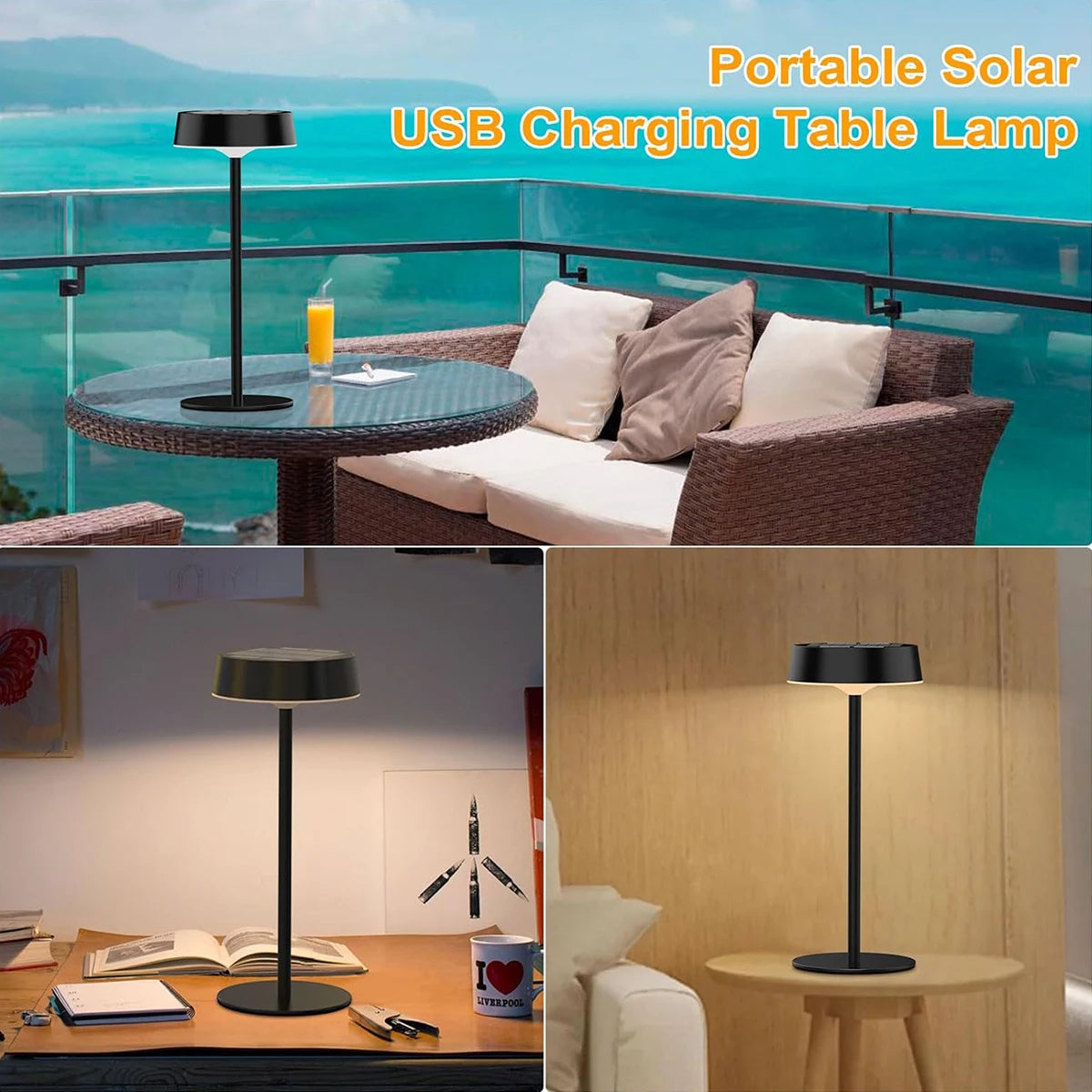 Black solar table lamp rechargeable on table in outdoor and indoor settings for versatile lighting