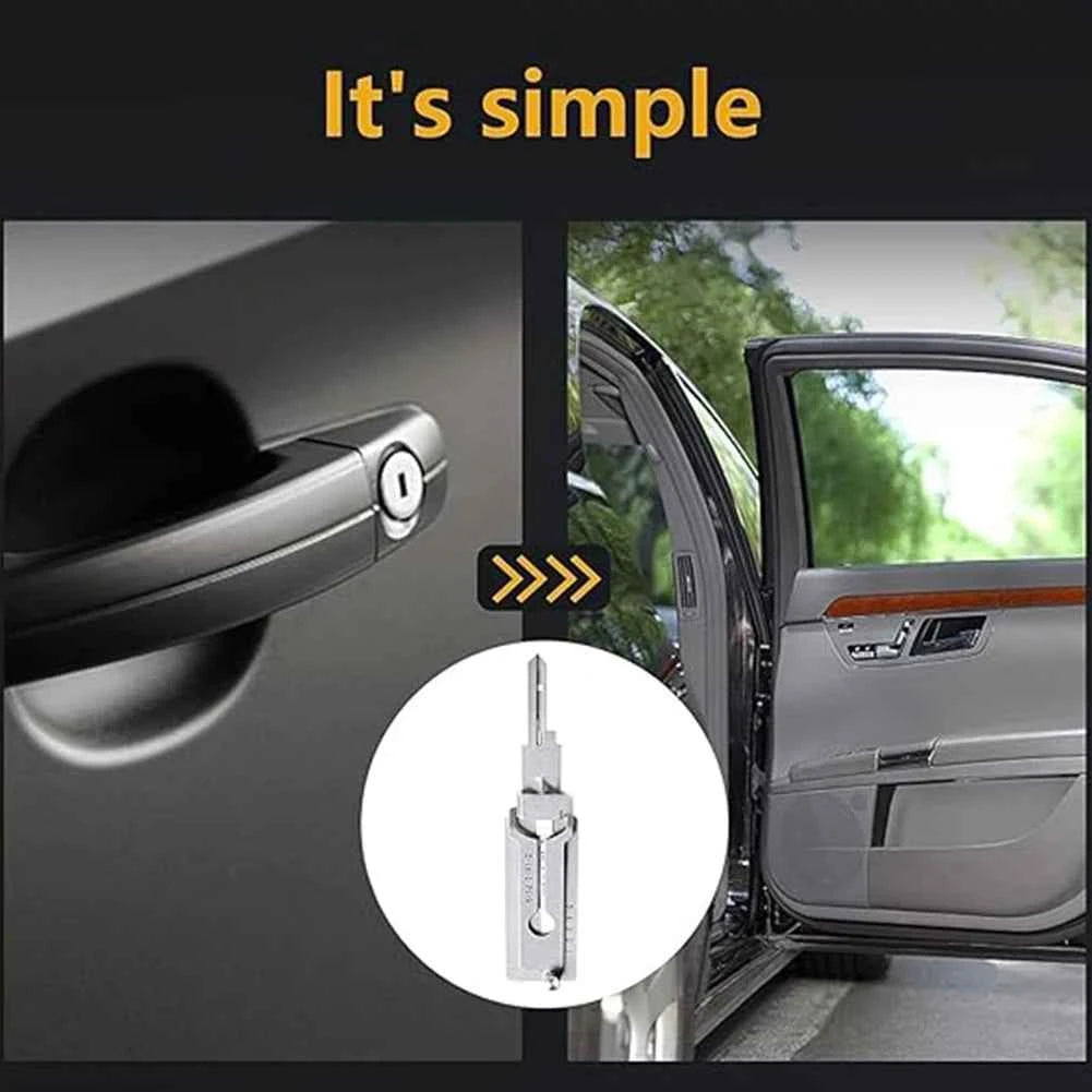 Stainless steel key decoder tool shown with car door lock and open car door for easy key decoding