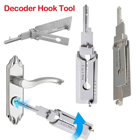 Stainless steel key decoder tool shown in various angles and unlocking a door lock