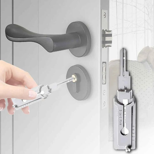 Hand using stainless steel key decoder tool to unlock a door with modern handle and lock mechanism
