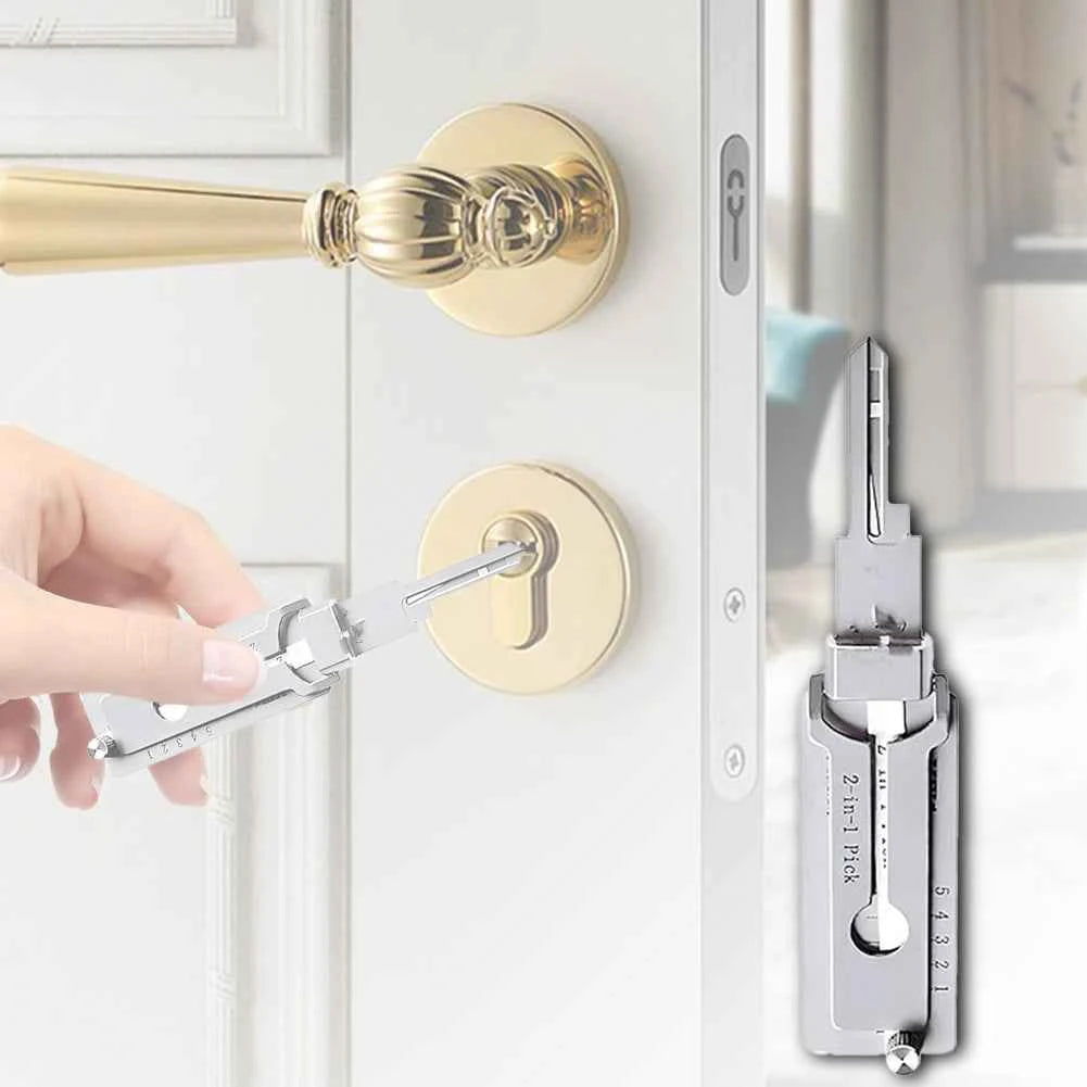 Stainless steel key decoder tool being used to unlock a gold door lock with detailed close-up