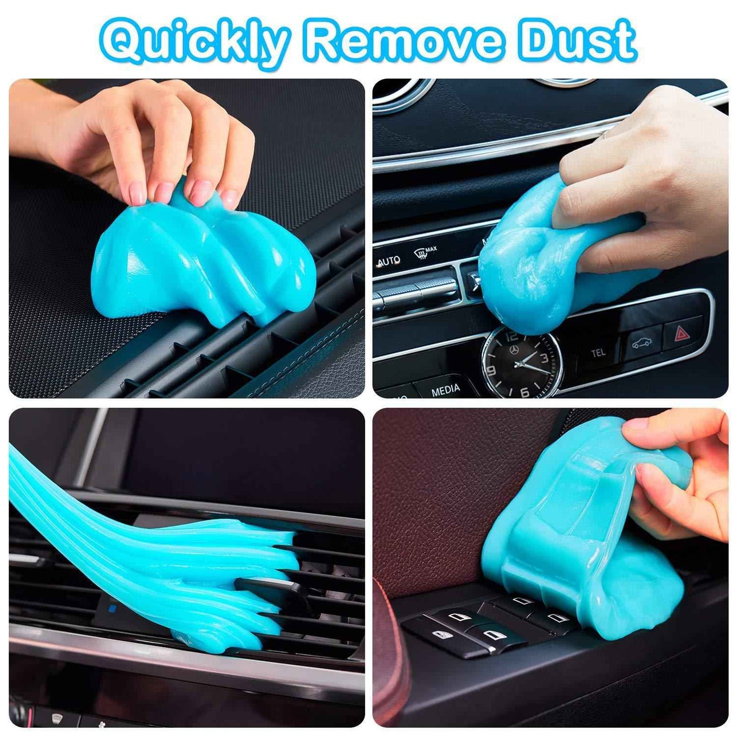 Blue car cleaning gel used to quickly remove dust from car vents, dashboard, and controls