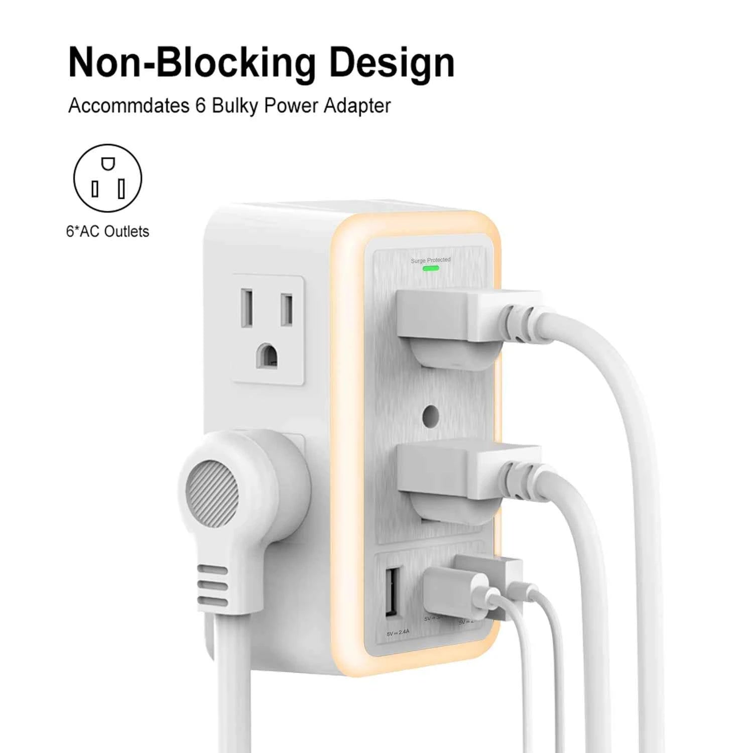 DFShop surge protector outlet hub with six AC outlets accommodating bulky power adapters