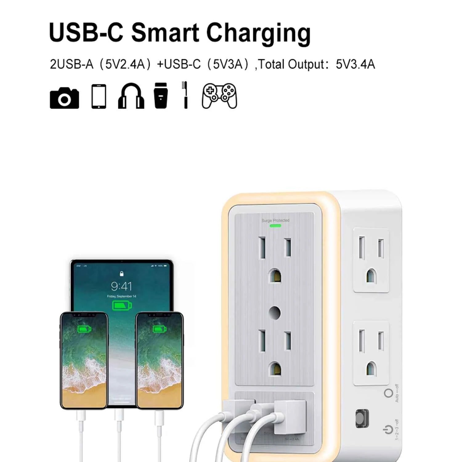 DFShop surge protector outlet hub with USB-C and USB-A ports charging multiple devices simultaneously