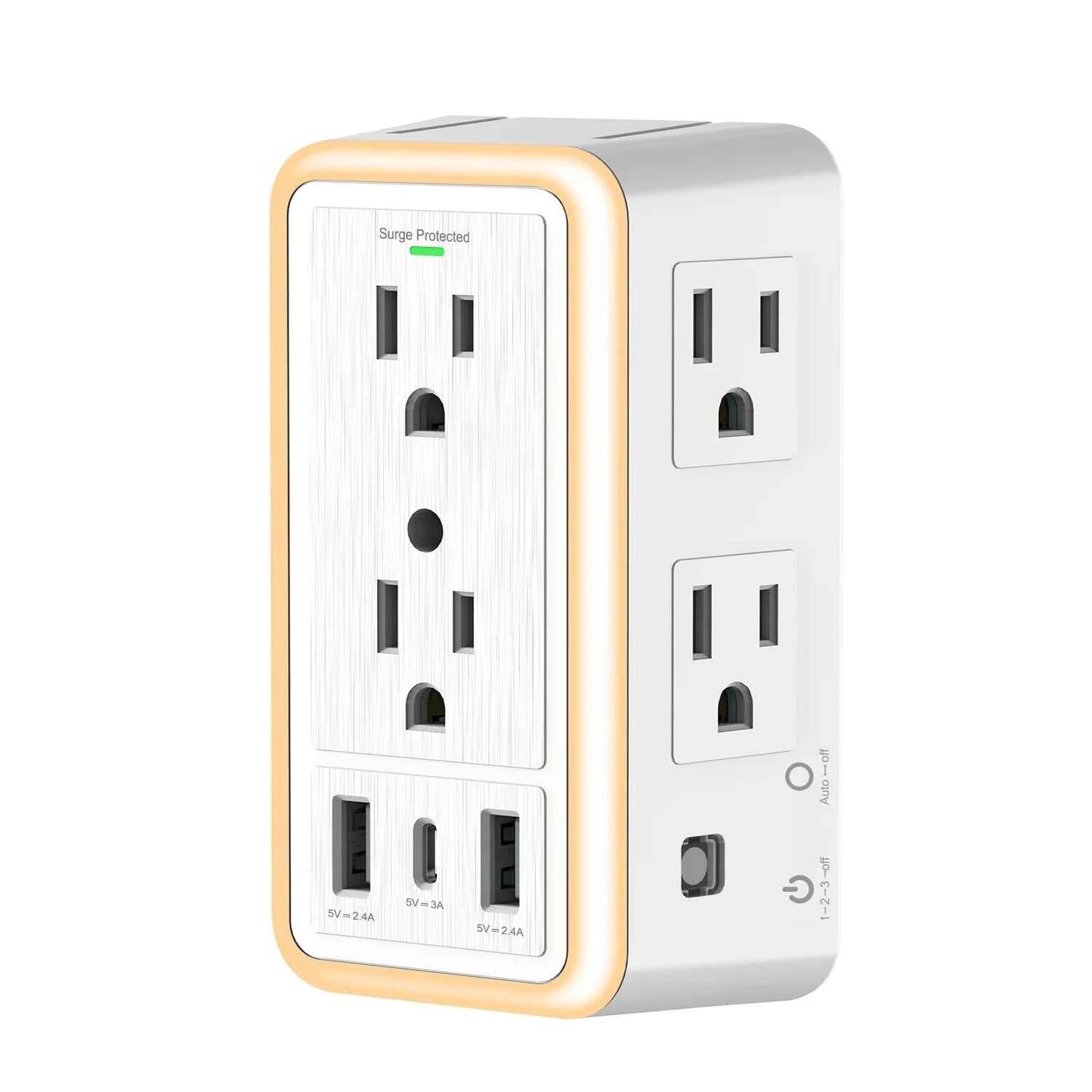 White and gold surge protector outlet hub with multiple power sockets and USB charging ports